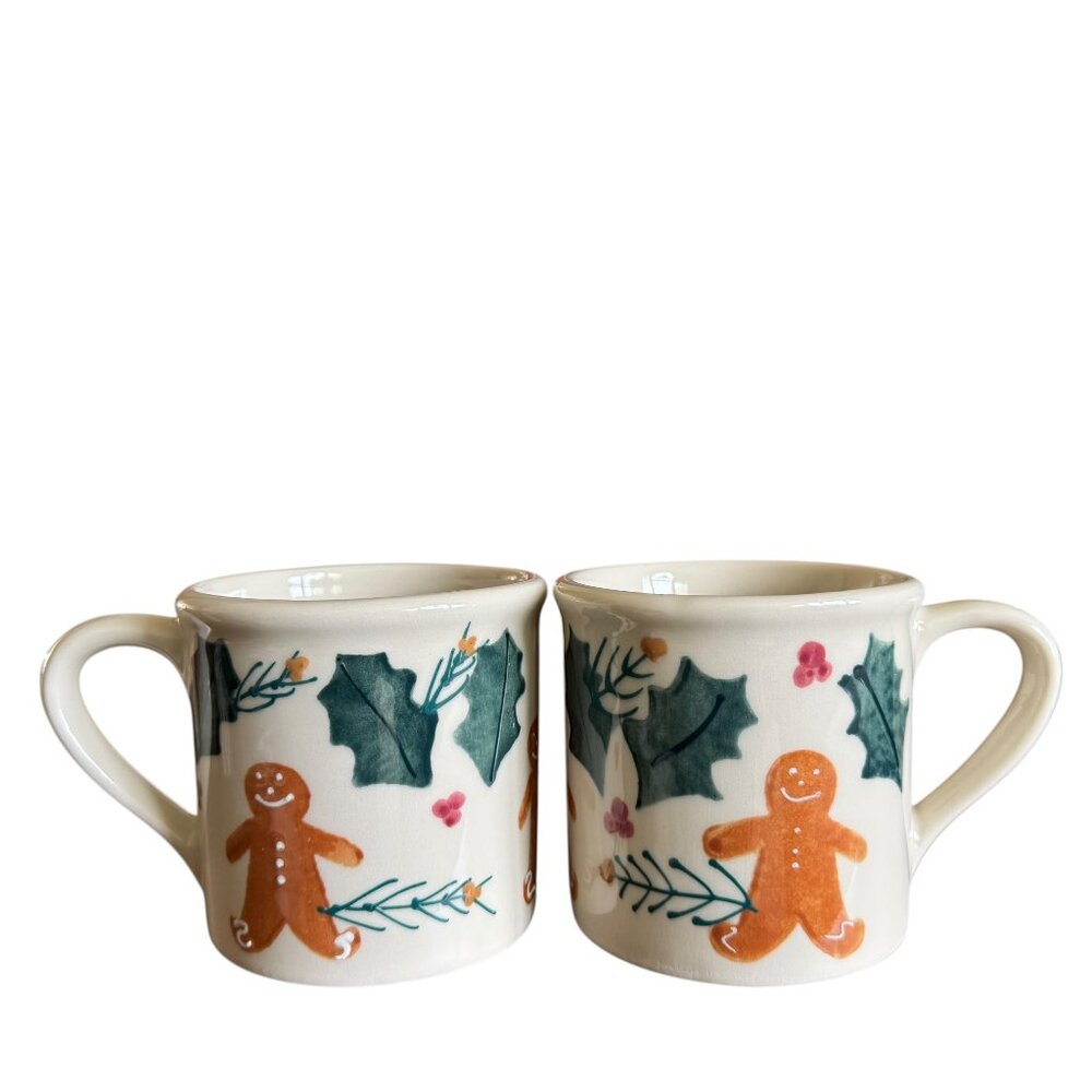 Vintage 82" Hartstone Gingerbread Mugs Stoneware Pottery Holiday Christmas Set 2